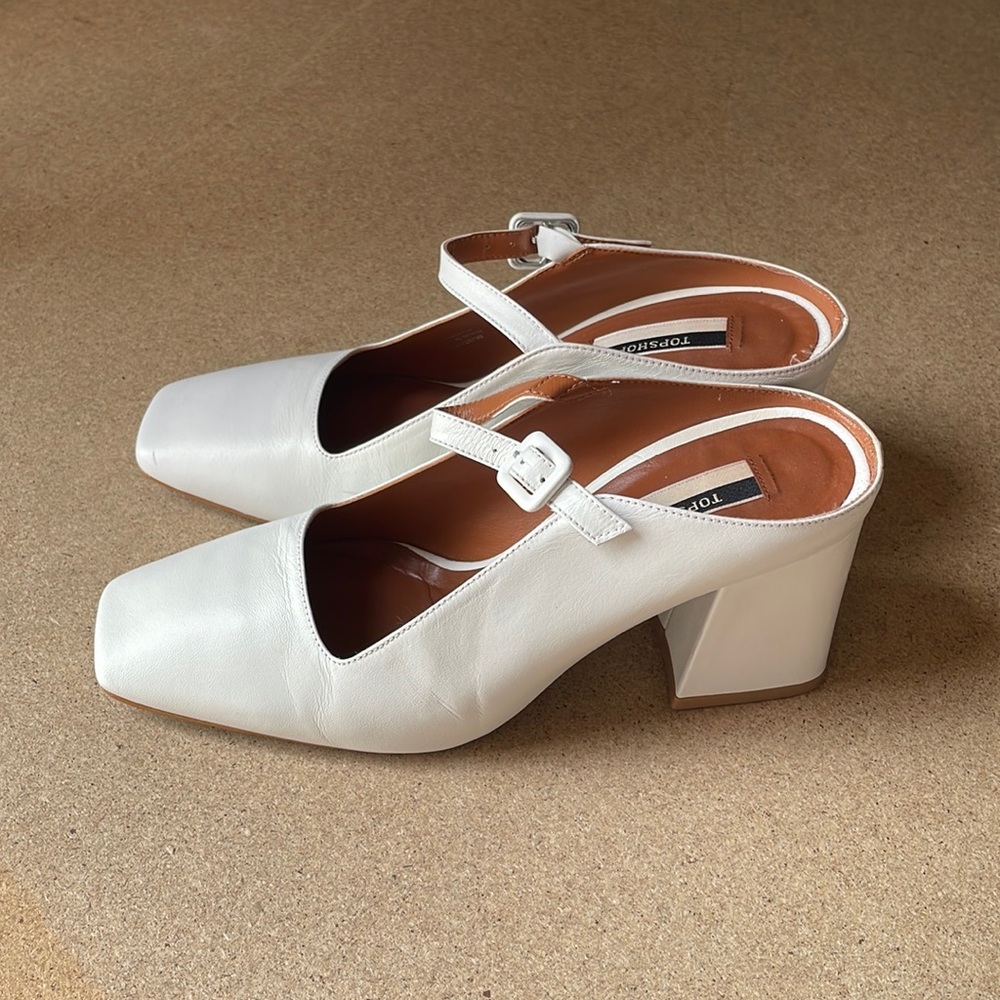Top shop heeled slides in white, size us 6.5